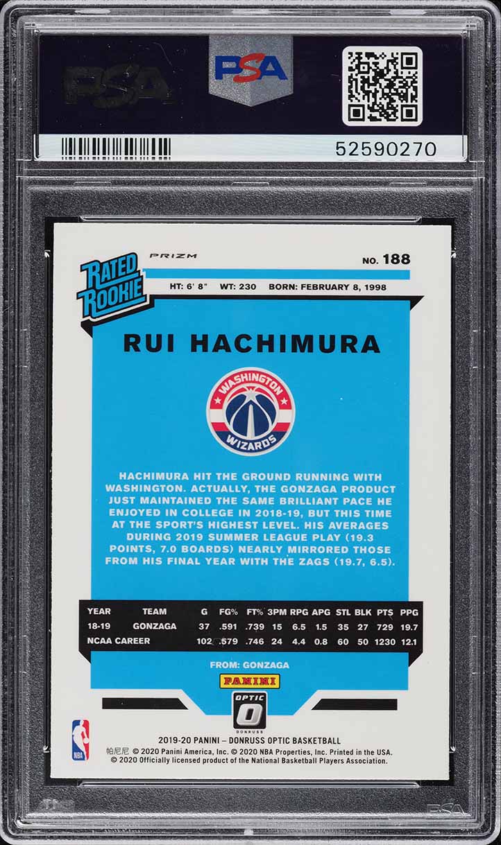 2019 Donruss Optic Fanatics Rui Hachimura ROOKIE #188 PSA 10 GEM MINT