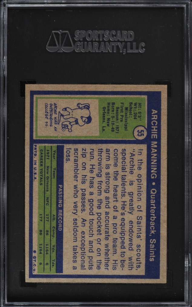 1972 Topps Football Archie Manning ROOKIE #55 SGC 5 EX