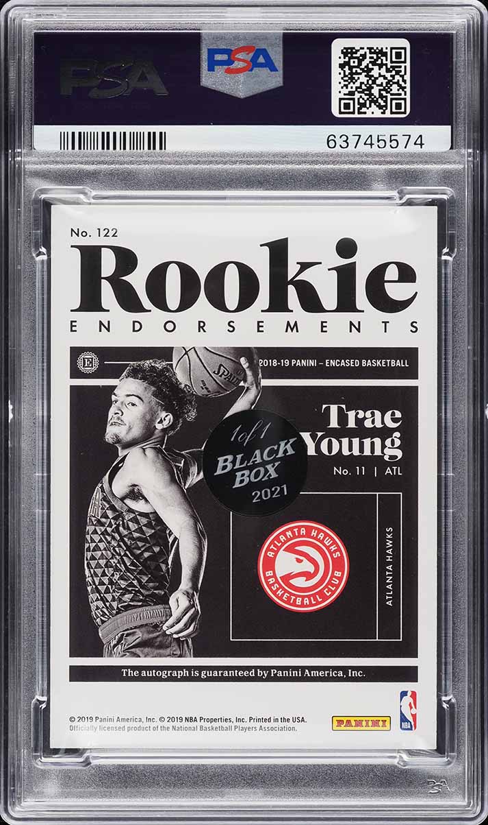 2018 Panini Encased '21 Black Box Trae Young ROOKIE AUTO DNA 10 1/1 #122 PSA 9