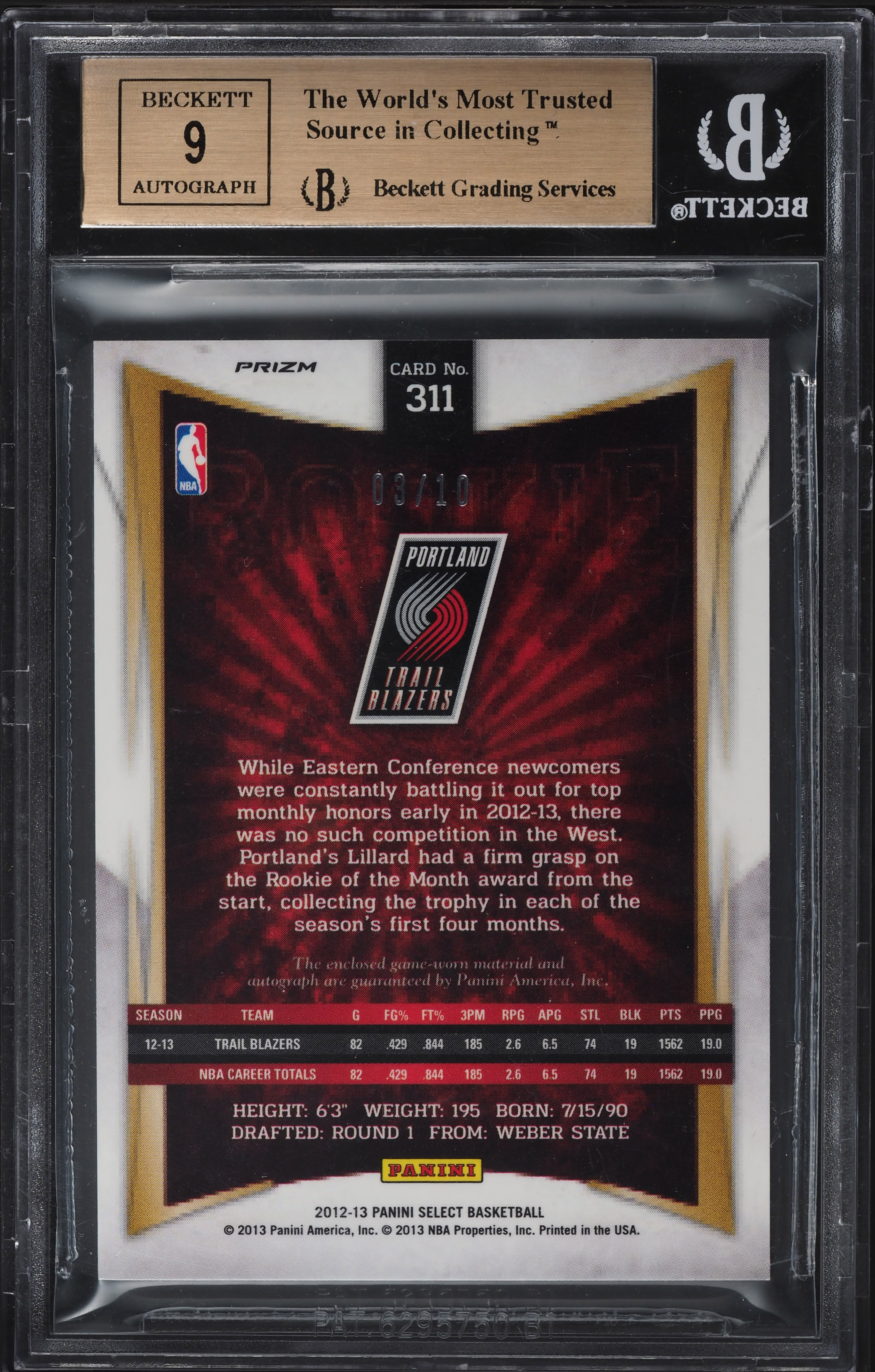 2012 Select Gold Prizms Damian Lillard ROOKIE PATCH AUTO /10 #311 