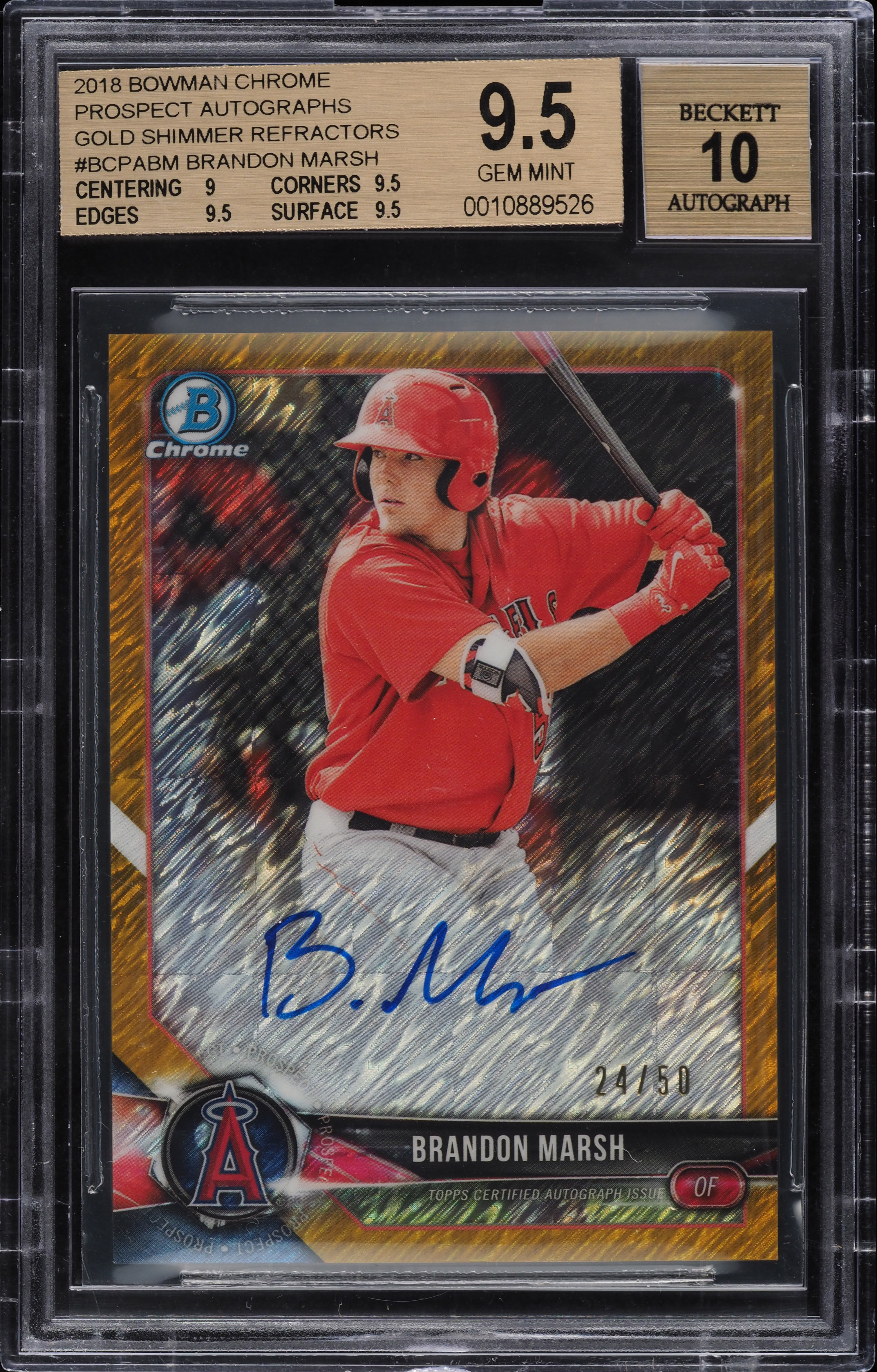 2018 bowman Brandon marsh auto リフ PSA9 2018 Bowman Chrome Gold Shimmer Refractor Brandon Marsh ROOKIE