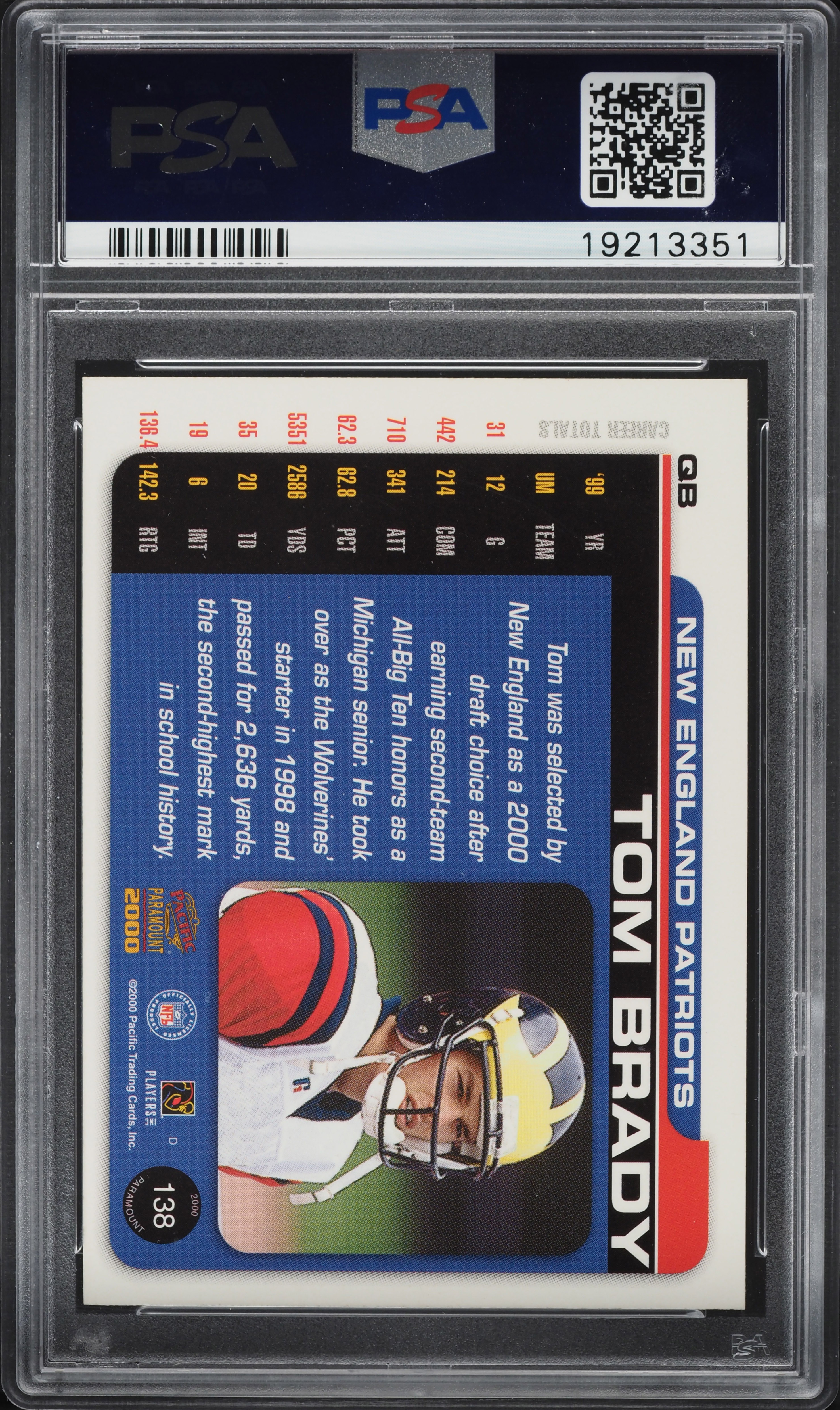 2000 Pacific Paramount Holo Gold Tom Brady ROOKIE /130 #138 PSA 10