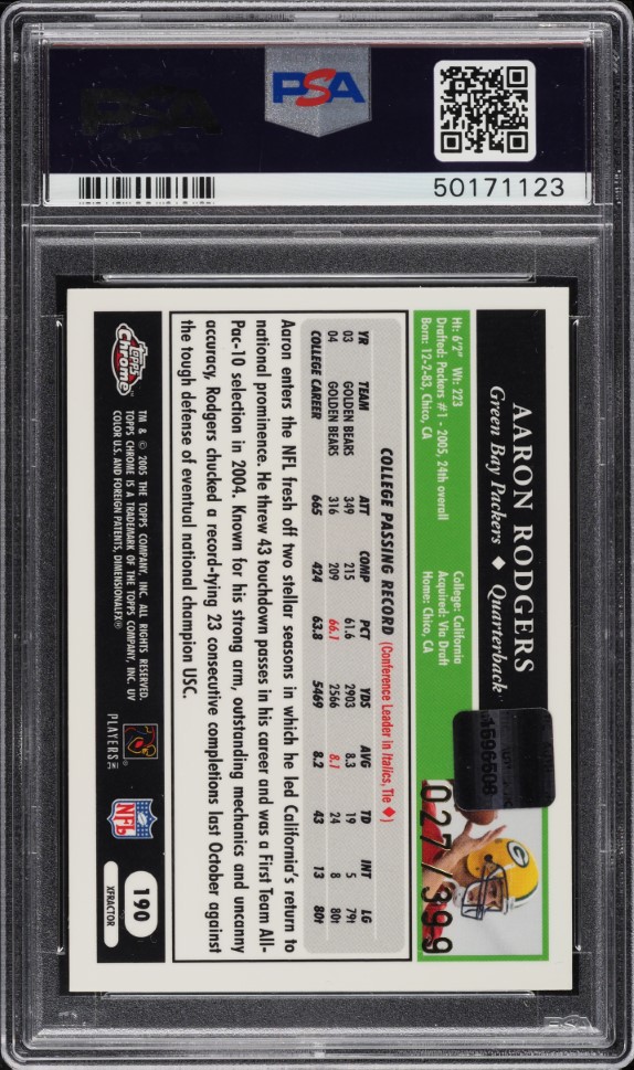 2005 Topps Chrome Gold Xfractor Aaron Rodgers ROOKIE AUTO /399 #190 PSA 9 MINT