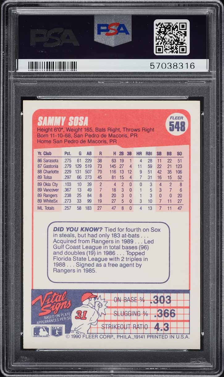 1990 Fleer Sammy Sosa ROOKIE #548 PSA 8 NM-MT
