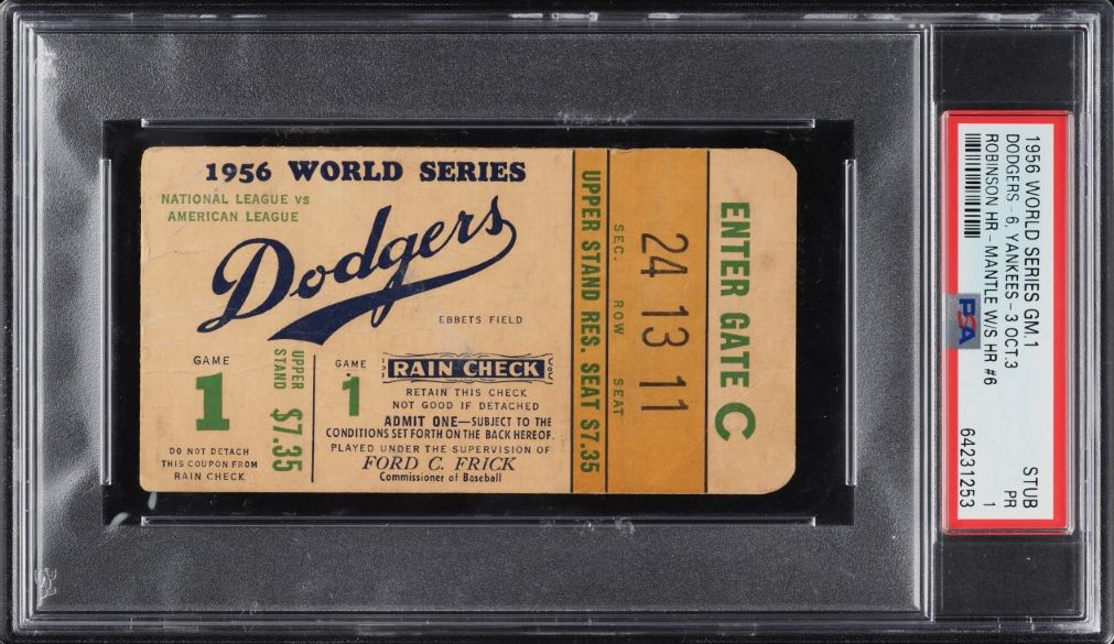1956 World Series Game 1 Ticket Stub Dodgers Yankees Robinson Mantle HR #6 PSA 1