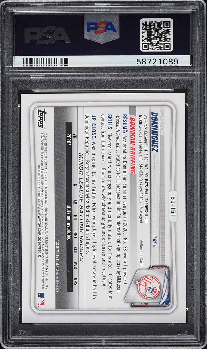 2020 Bowman Draft Jasson Dominguez ROOKIE #BD-151 PSA 10 GEM MINT
