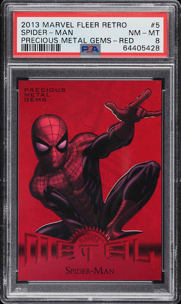 2013 Marvel Fleer Retro Precious Metal Gems PMG Red Spider-Man /100 #5 PSA 8
