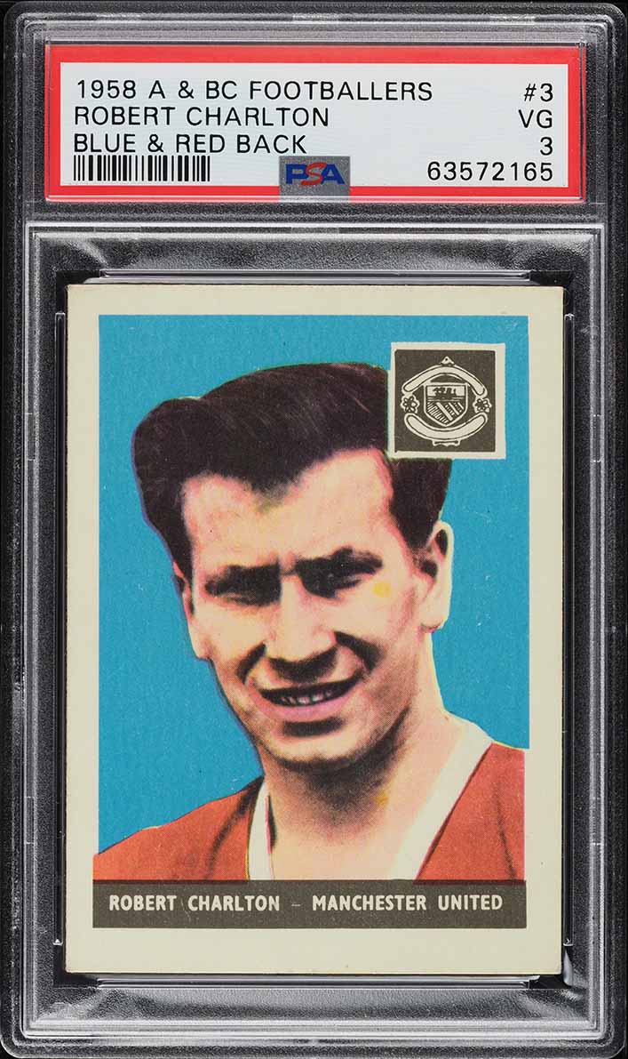 1958 A&BC Footballers Soccer Bobby Charlton ROOKIE, BLUE & RED BACK #3 PSA 3 VG