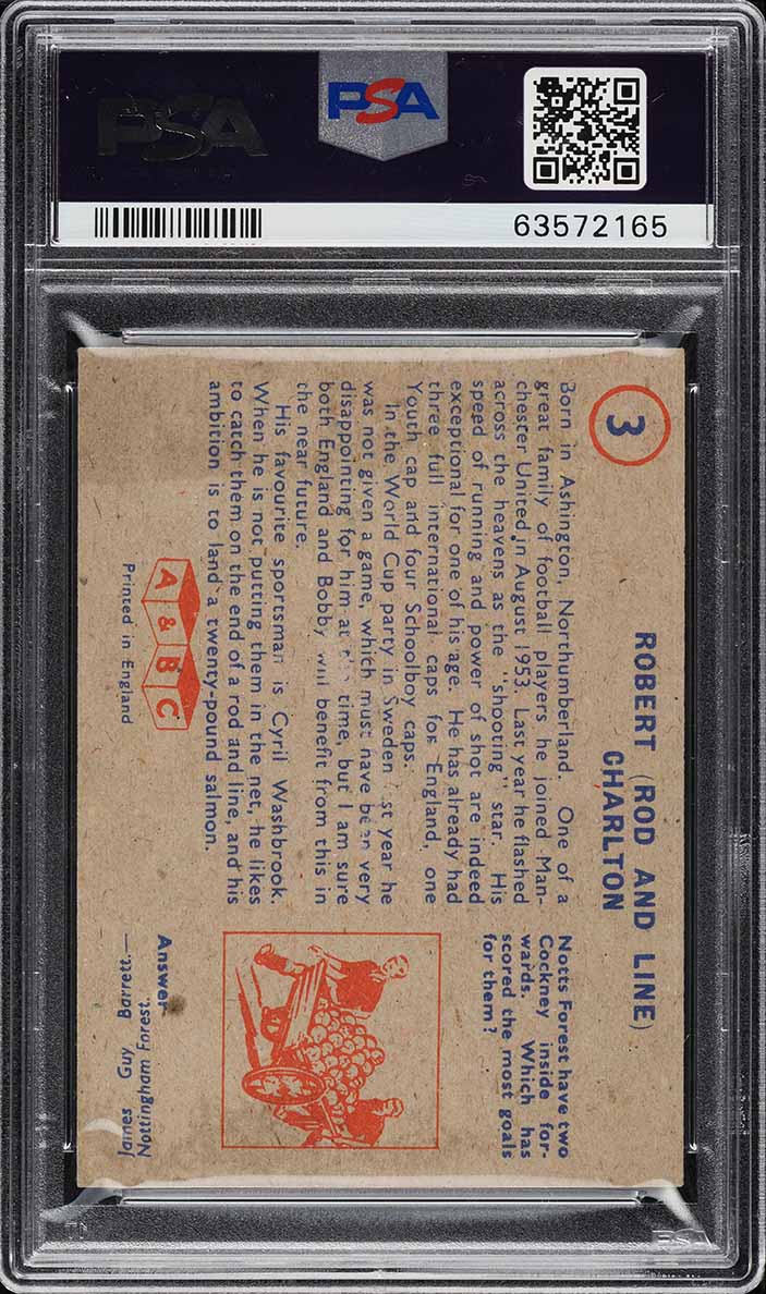 1958 A&BC Footballers Soccer Bobby Charlton ROOKIE, BLUE & RED BACK #3 PSA 3 VG