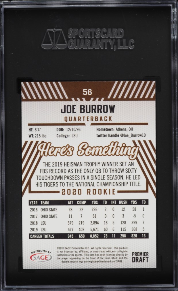 2020 SAGE Hit Premier Draft Joe Burrow ROOKIE #56 SGC 9.5 MINT+