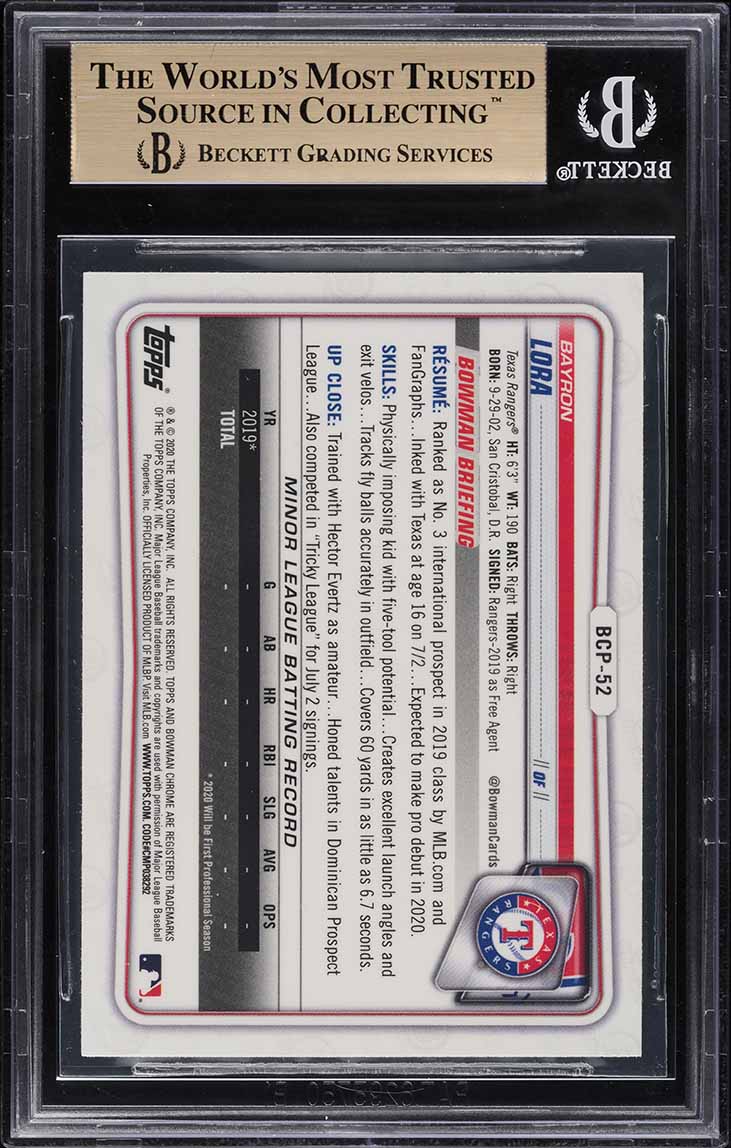 2020 Bowman Chrome Prospects Bayron Lora ROOKIE #BCP-52 BGS 9.5 GEM MINT