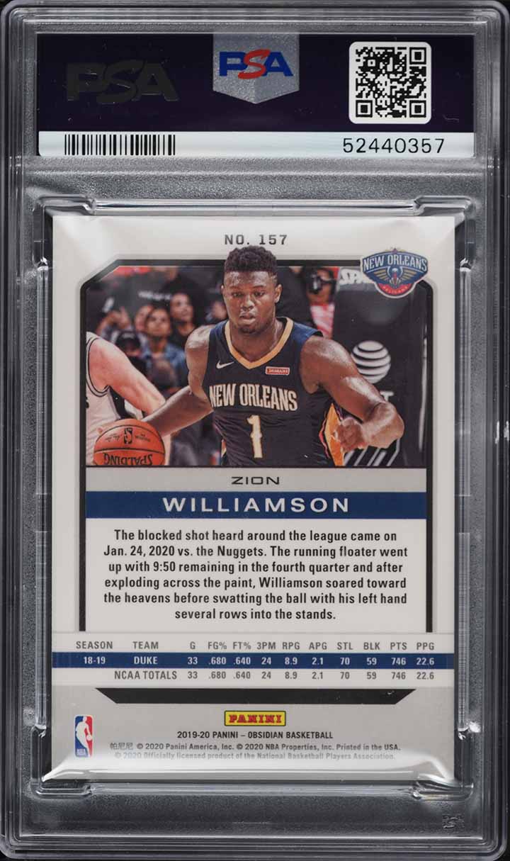 Panini Obsidian Zion rc Purple75シリ 2019 Panini Obsidian Zion Williamson ROOKIE #157 PSA 9 MINT on
