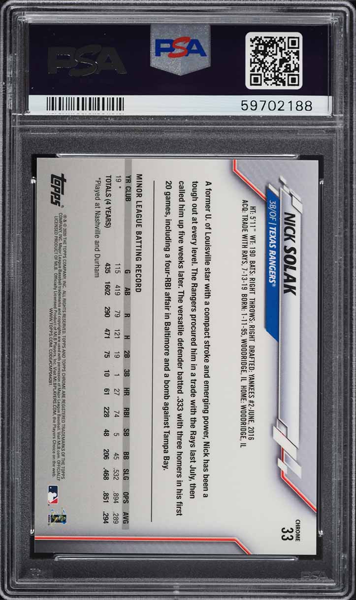 2020 Topps Chrome Ben Baller Nick Solak ROOKIE #33 PSA 10 GEM MINT