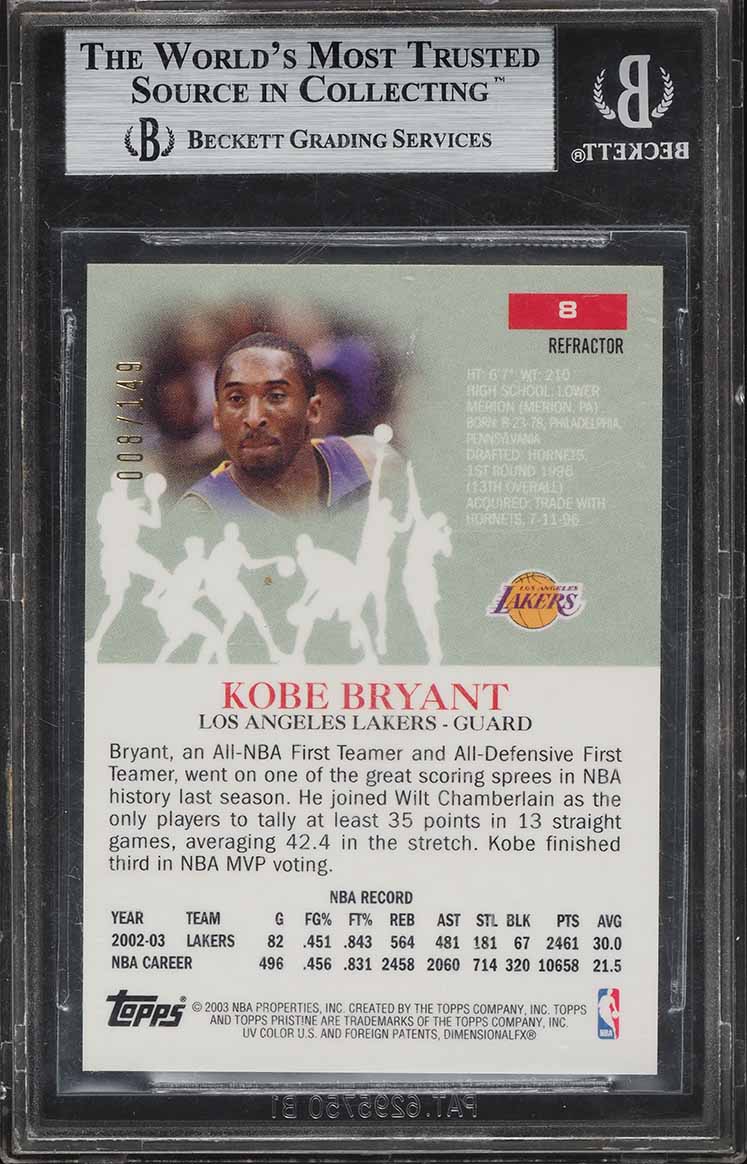2003 Topps Pristine Refractor Kobe Bryant JERSEY # 8/149 #8 BGS 9 MINT