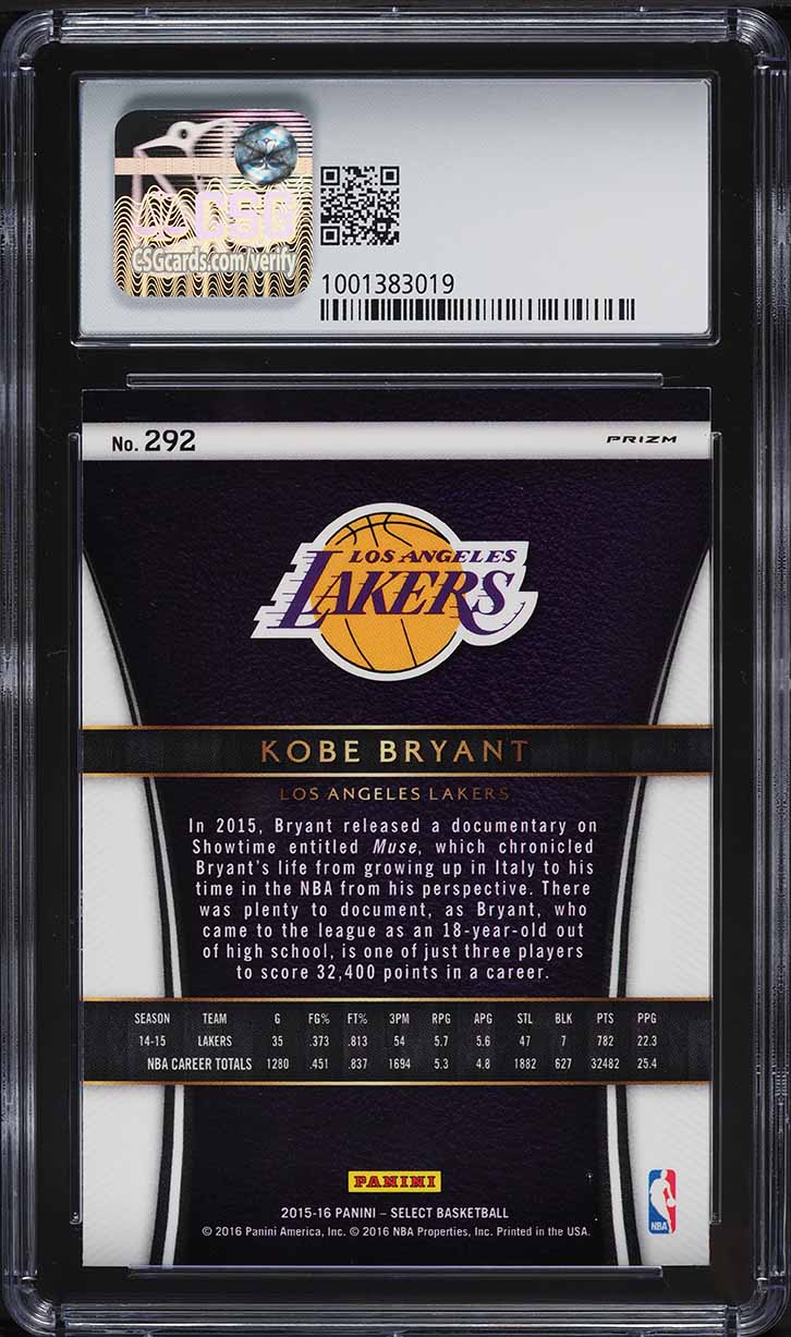 2015 Select Courtside Silver Prizm Kobe Bryant #292 CSG 9 MINT on