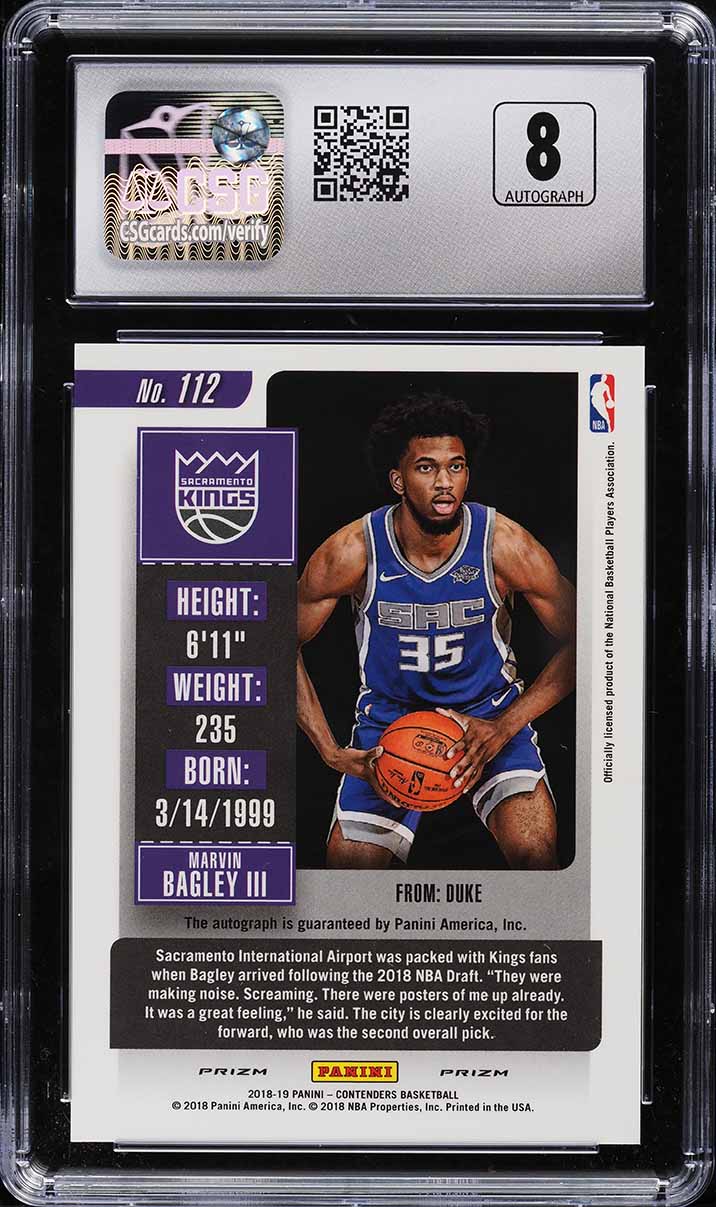 2018 Panini Contenders Premium Marvin Bagley III ROOKIE AUTO #112 CSG 9.5 MINT+