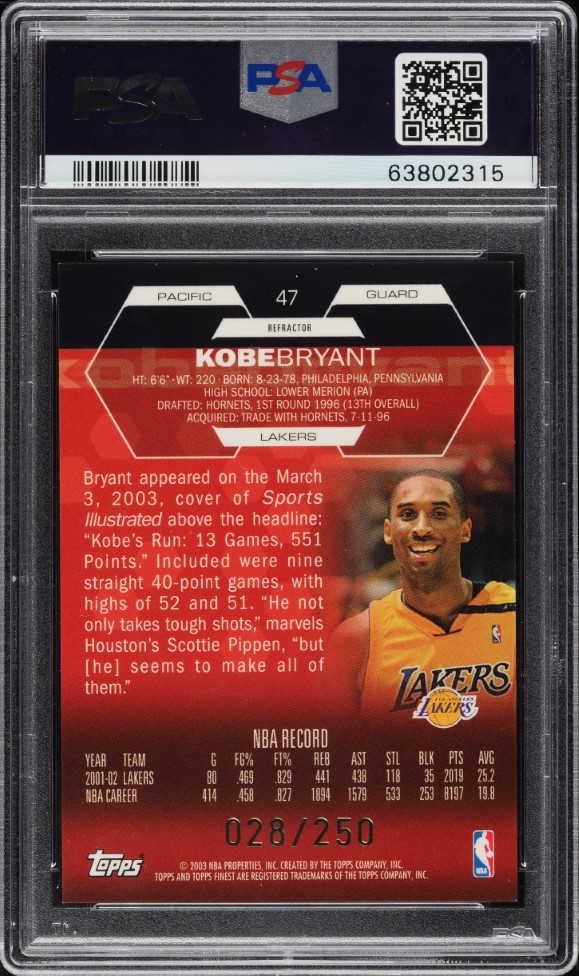 2002 Finest Refractor Kobe Bryant /250 #47 PSA 9 MINT