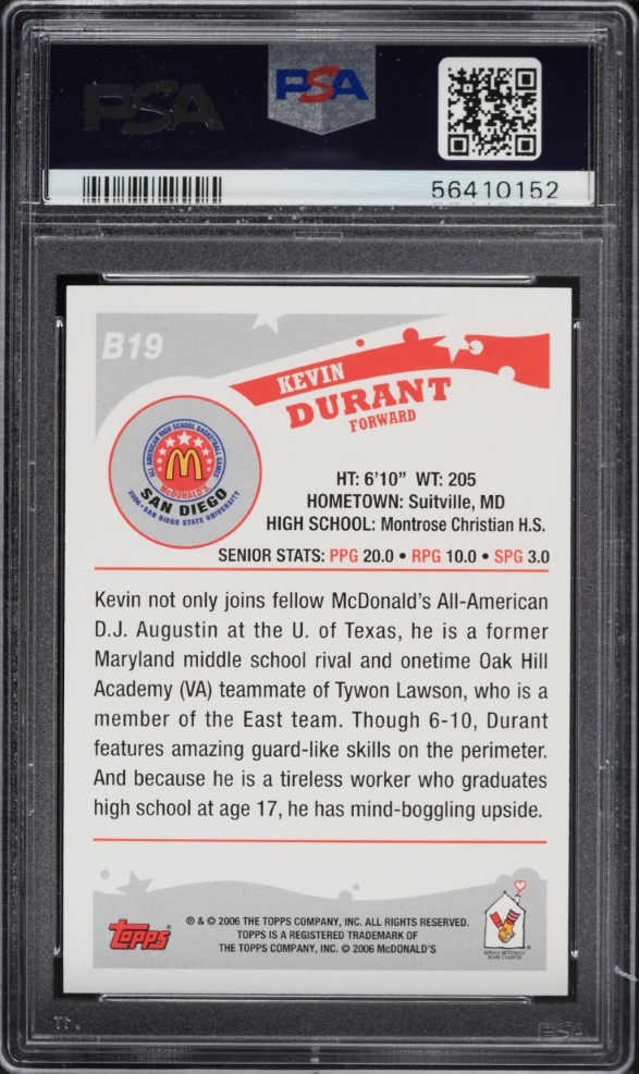 2006 Topps McDonald's All-American Kevin Durant ROOKIE #B19 PSA 10