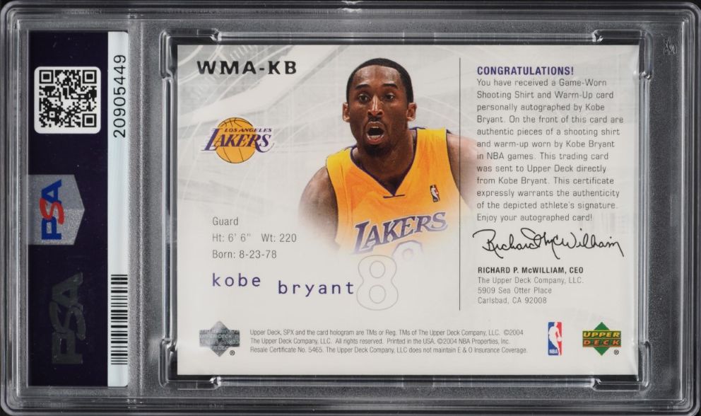 2004 SPx Winning Materials Kobe Bryant PATCH AUTO /100 #WMAKB PSA