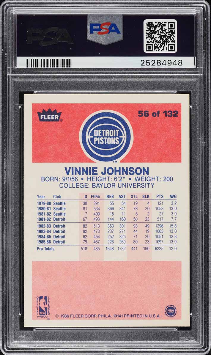 1986 Fleer Basketball Vinnie Johnson #56 PSA 10 GEM MINT