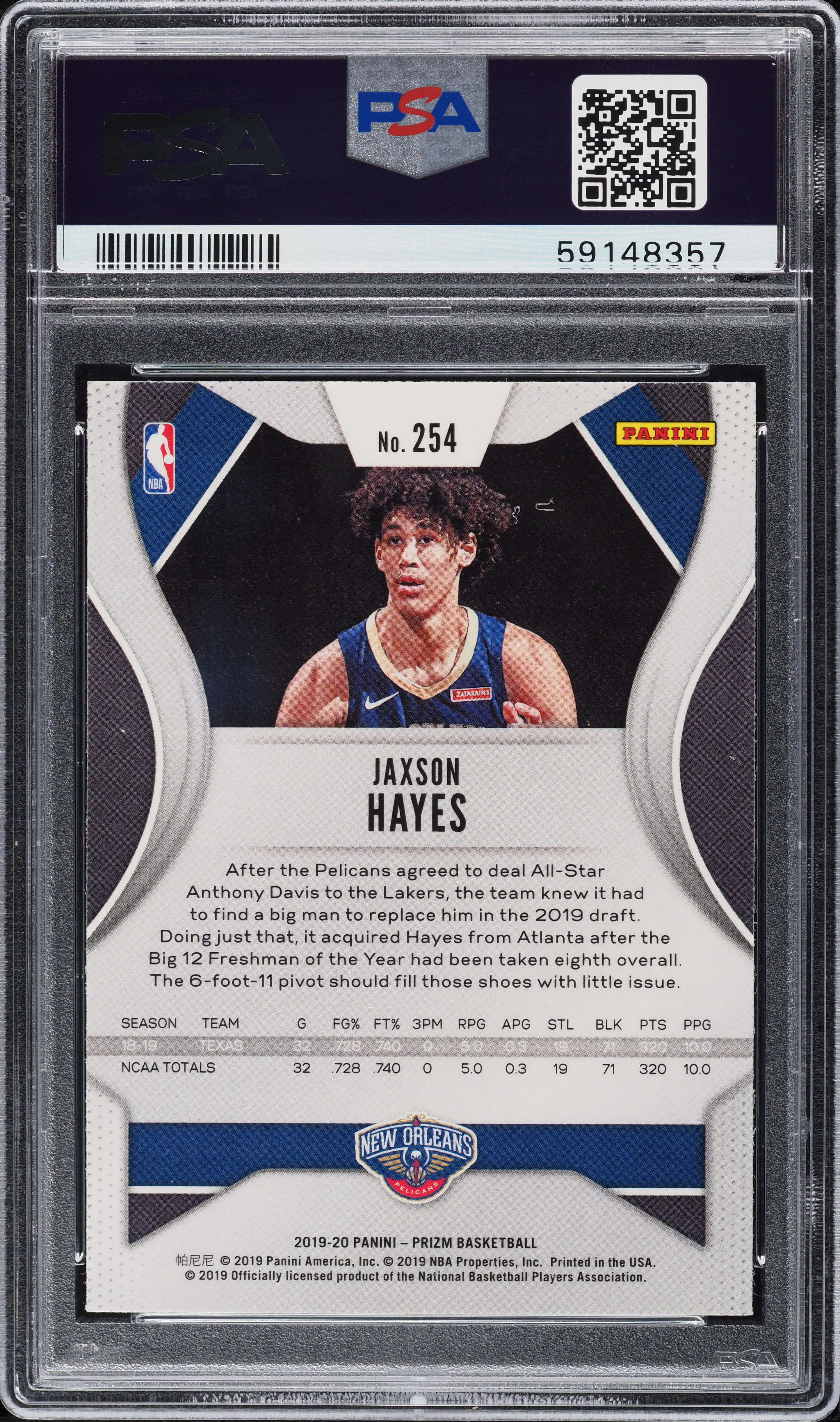 2019 Panini Prizm Jaxson Hayes ROOKIE #254 PSA 10 GEM MINT on