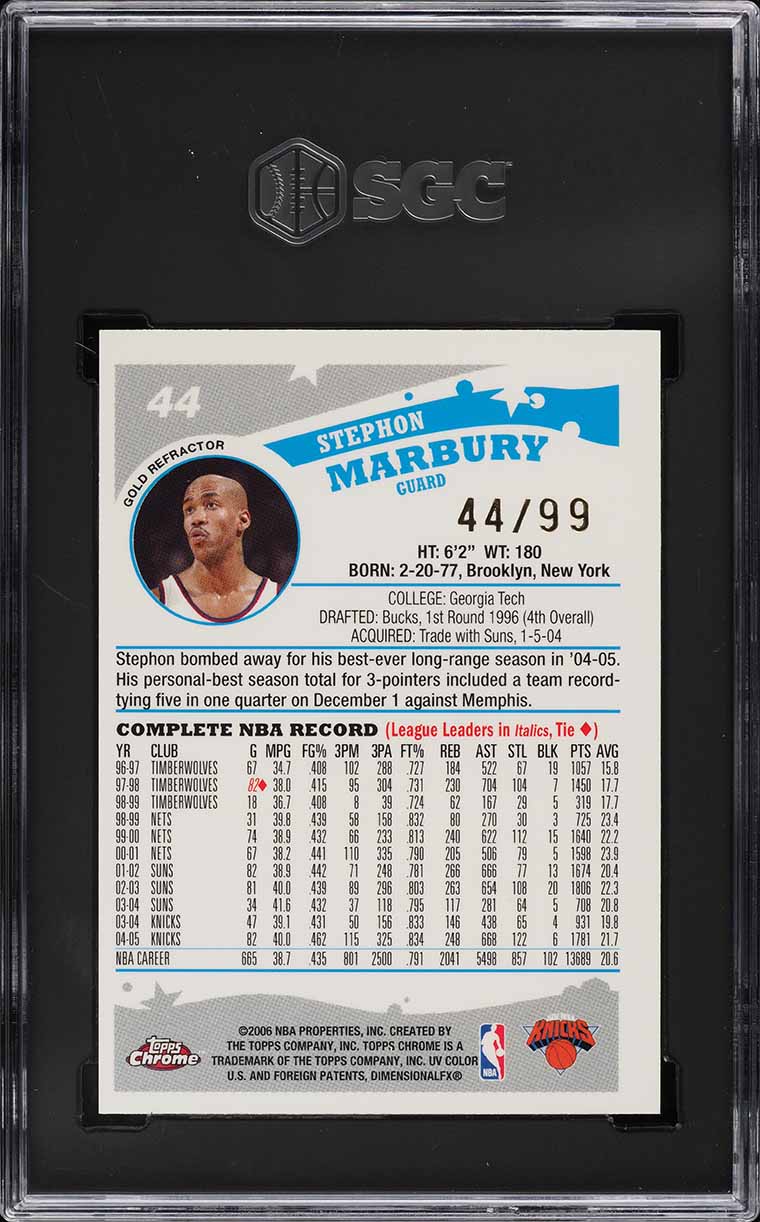 2005 Topps Chrome Gold Refractor Stephon Marbury /99 #44 SGC 7 NRMT