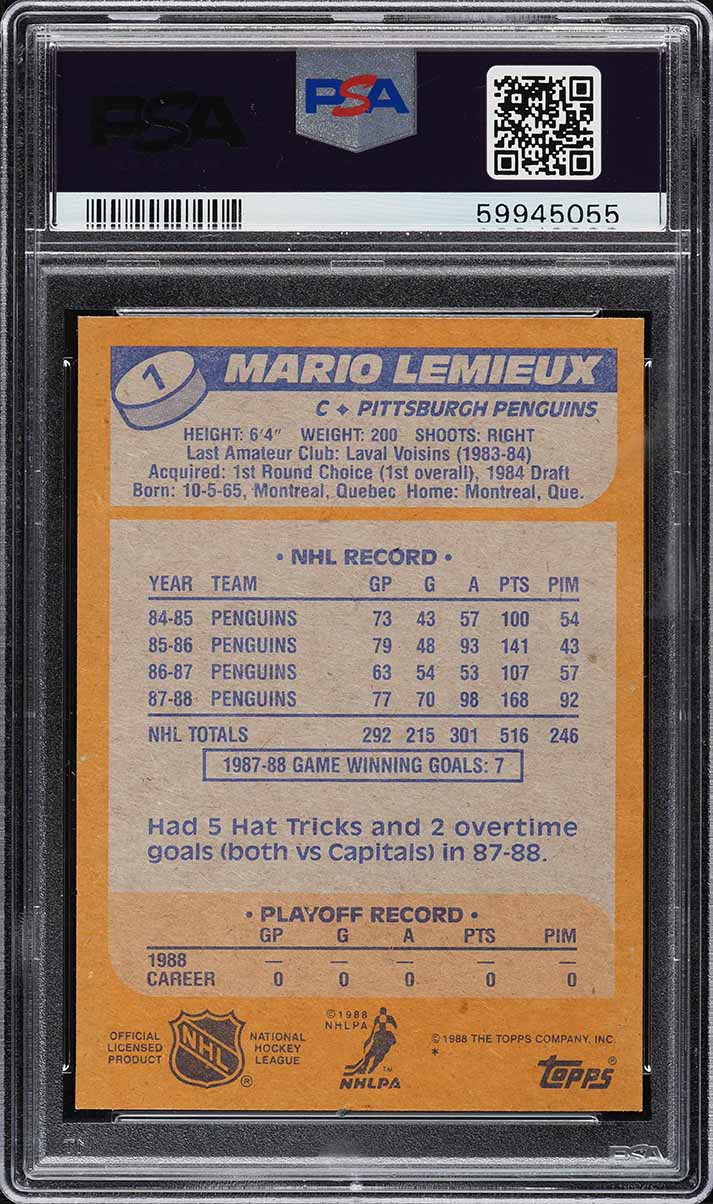 1988 Topps Hockey Mario Lemieux #1 PSA 8 NM-MT