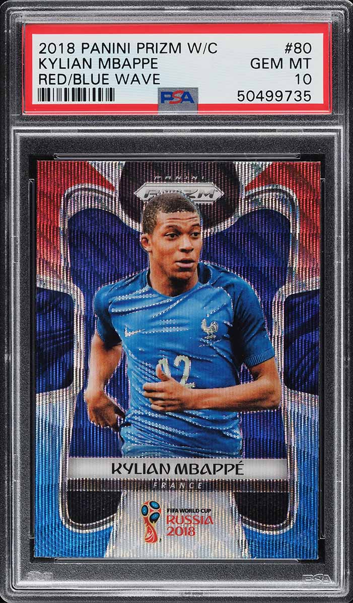 2018 Panini Prizm World Cup Red Blue Wave Prizms Kylian Mbappe ROOKIE #80 PSA 10