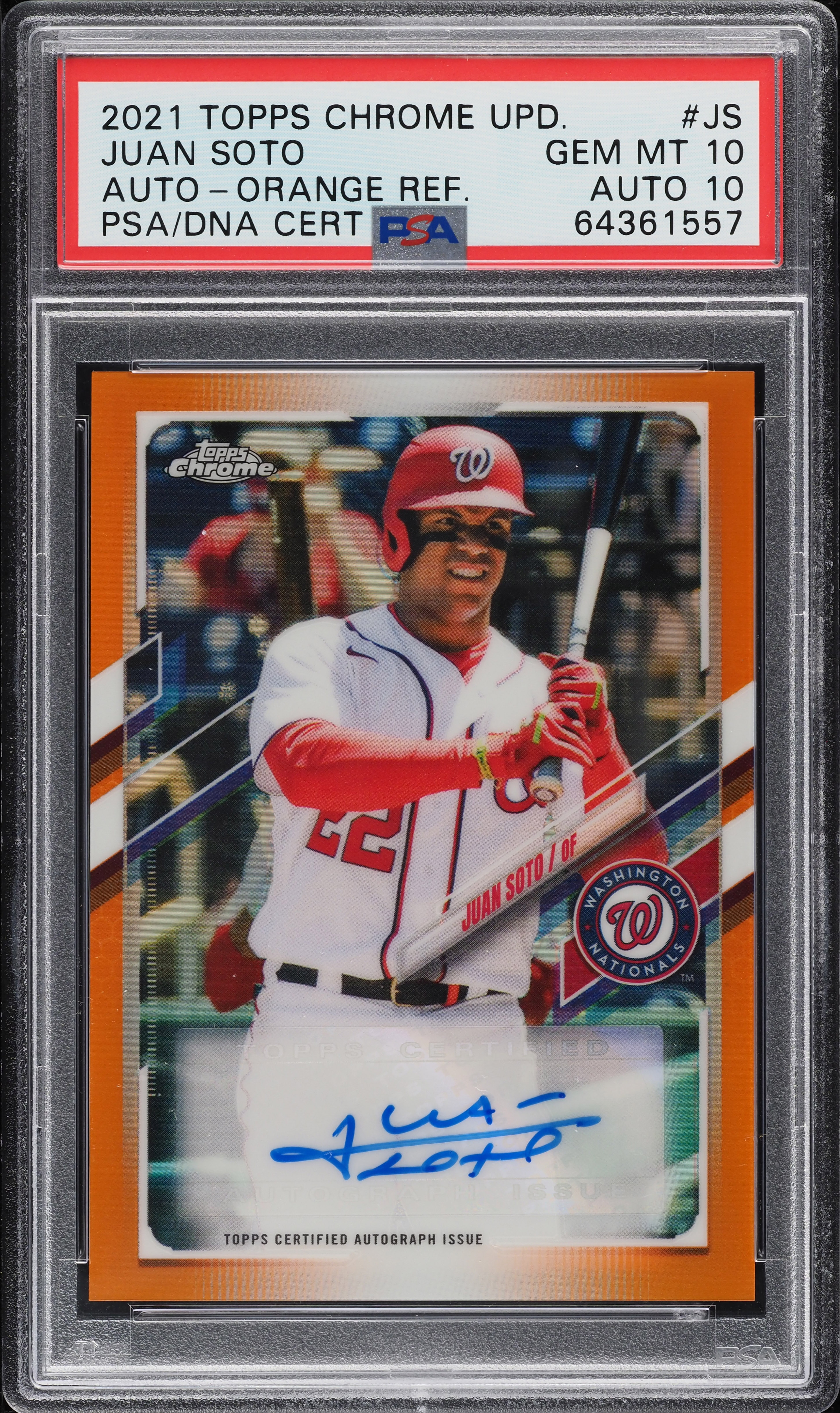 2021 Topps Chrome Update Orange Refractor Juan Soto AUTO DNA 10 