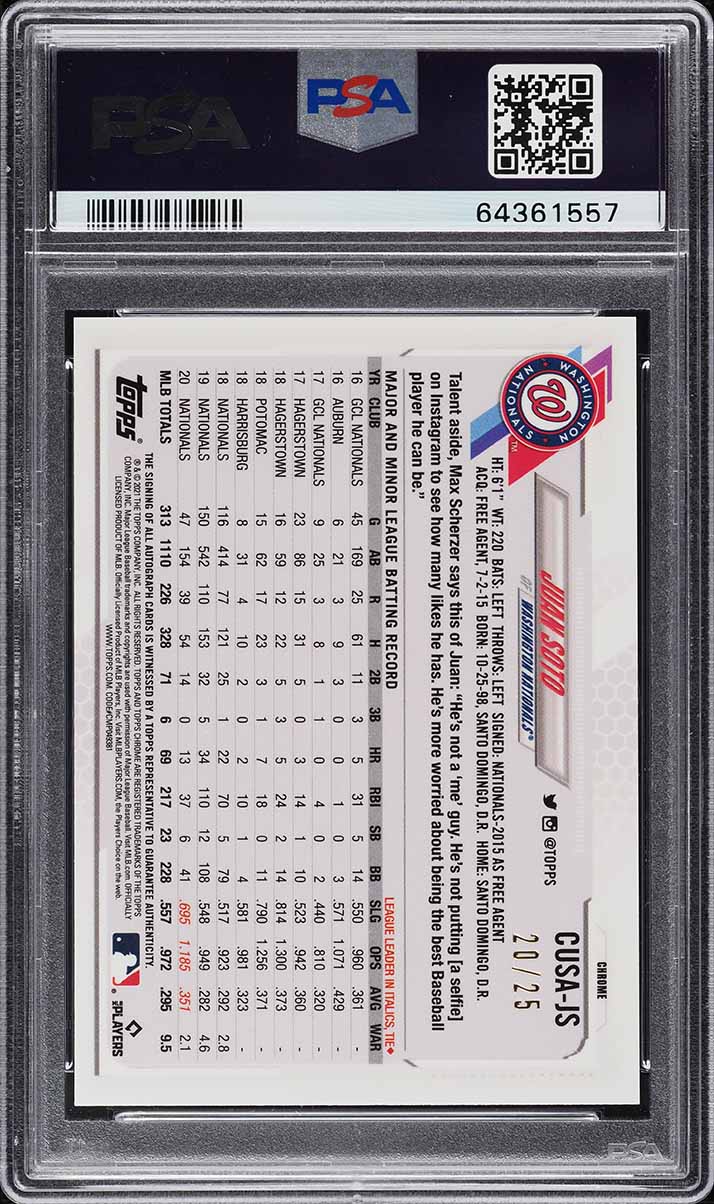 2021 Topps Chrome Update Orange Refractor Juan Soto AUTO DNA 10 /25 PSA 10