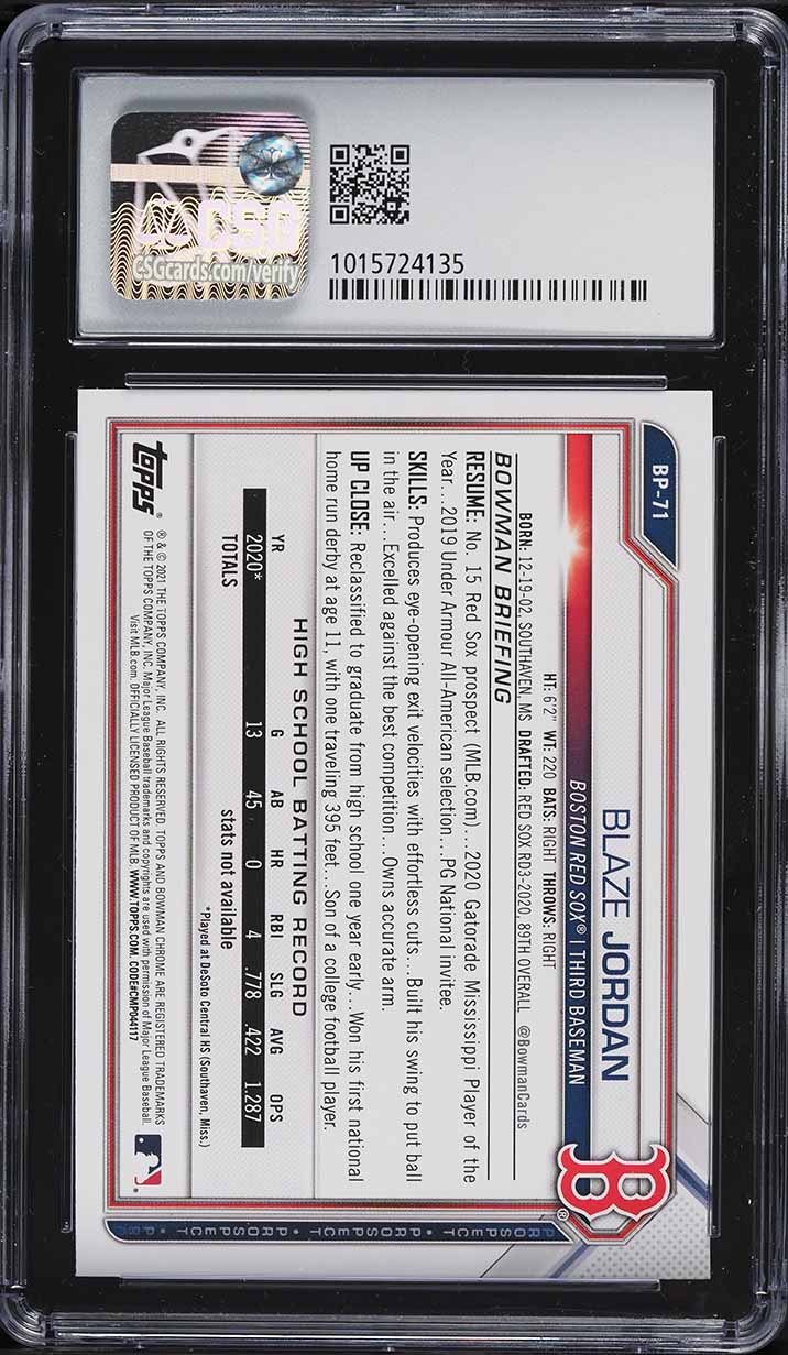 2021 Bowman Prospects Blaze Jordan ROOKIE #BP-71 CSG 9.5 GEM MINT