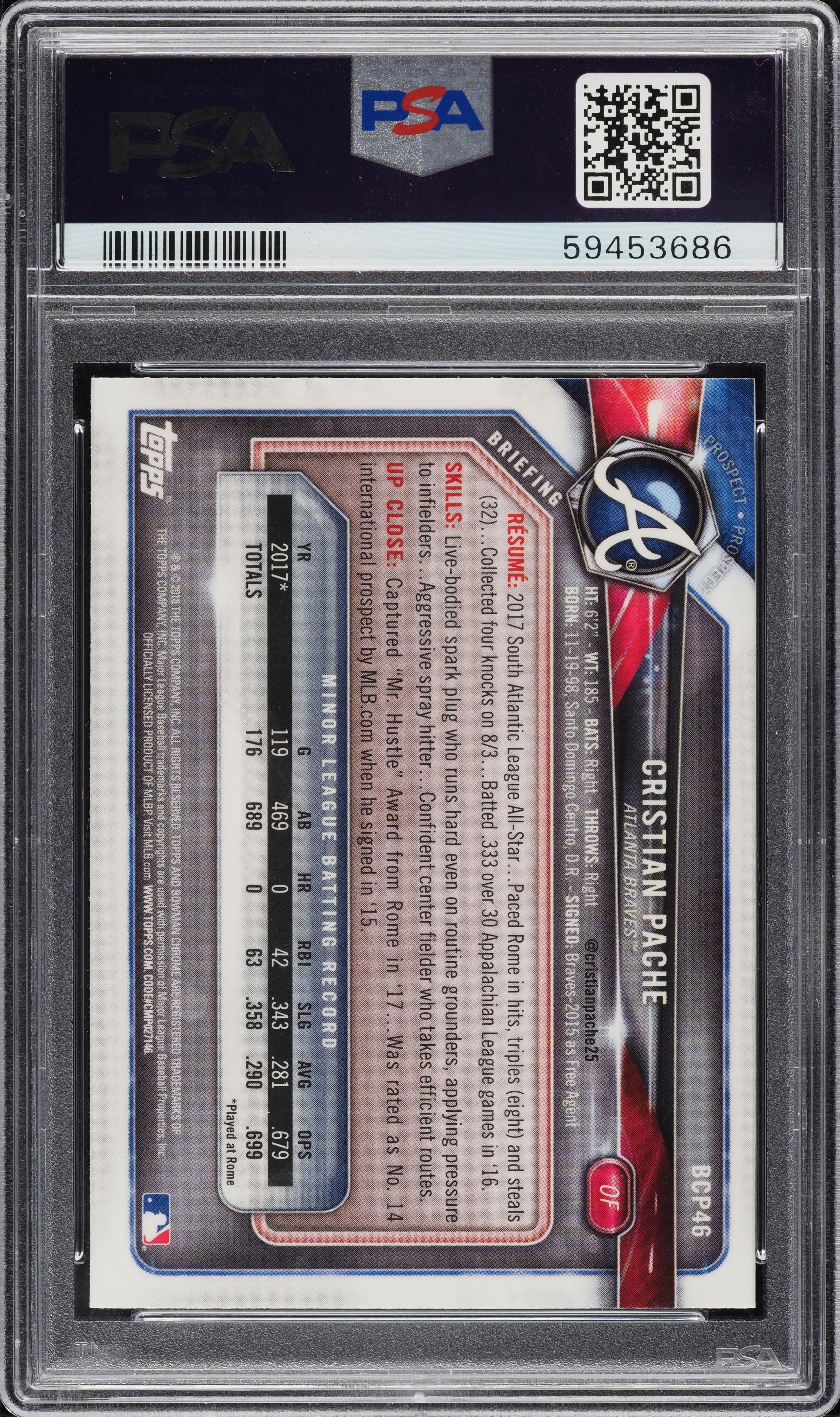 2018 Bowman Chrome Prospects Cristian Pache ROOKIE #BCP46 PSA 9