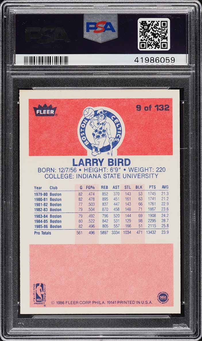 1986 Fleer Basketball Larry Bird #9 PSA 10 GEM MINT
