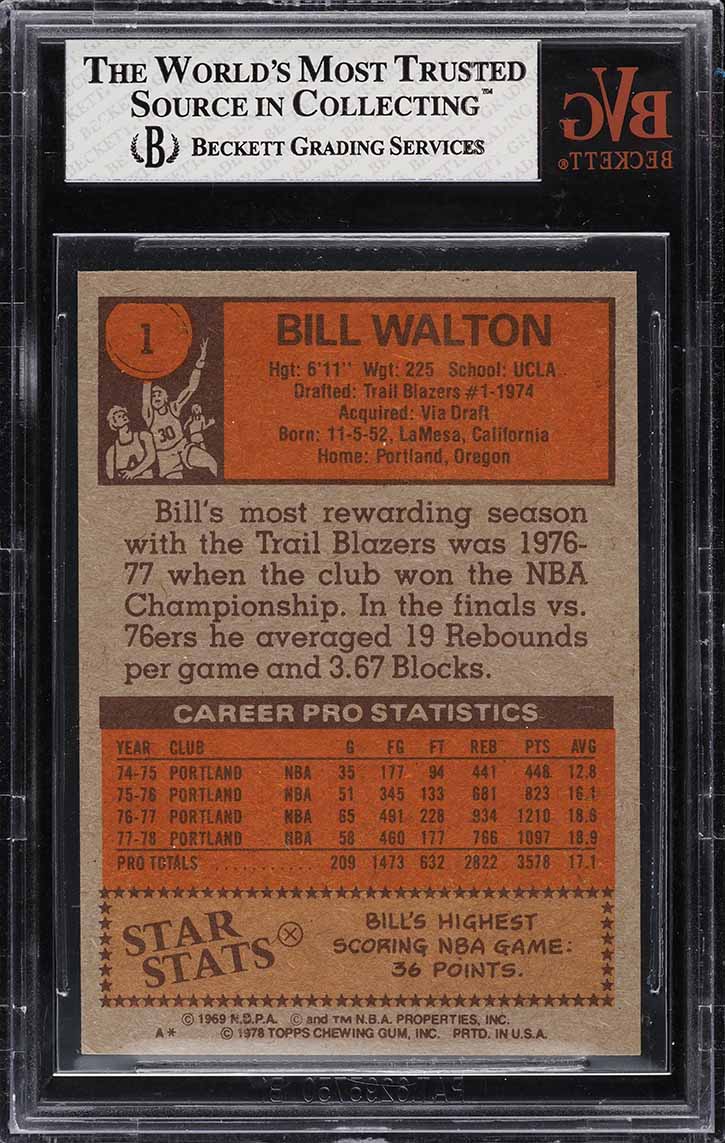 1978 Topps Basketball Bill Walton #1 BVG 7.5 NRMT+
