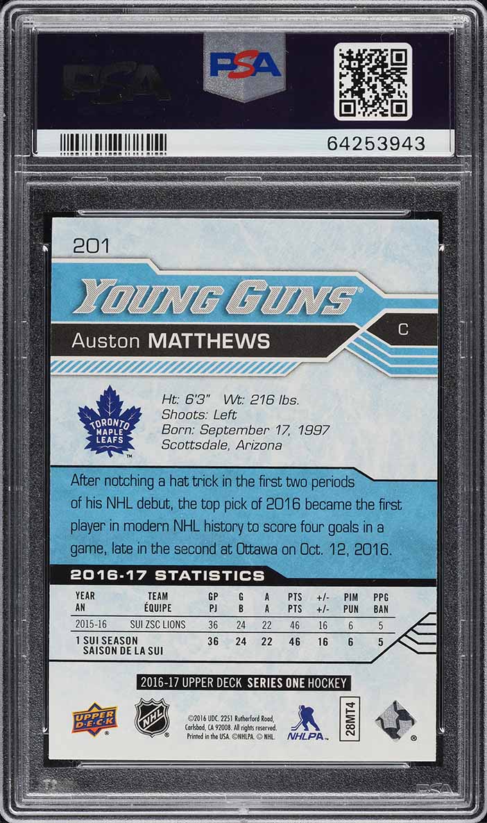 2016 Upper Deck Young Guns Auston Matthews ROOKIE #201 PSA 10 GEM MINT