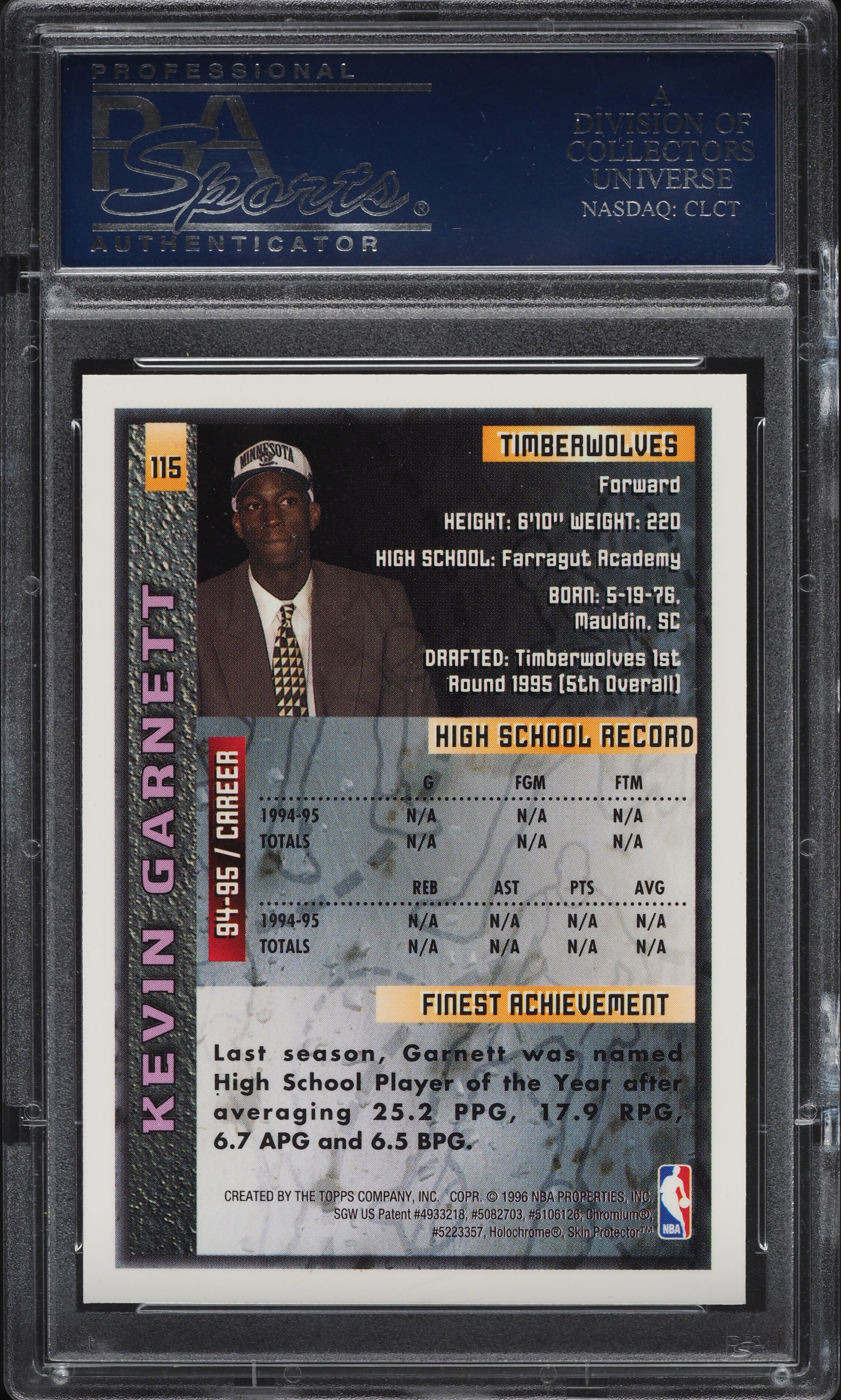 1995 Finest w/ Coating Kevin Garnett ROOKIE #115 PSA 9 MINT on 