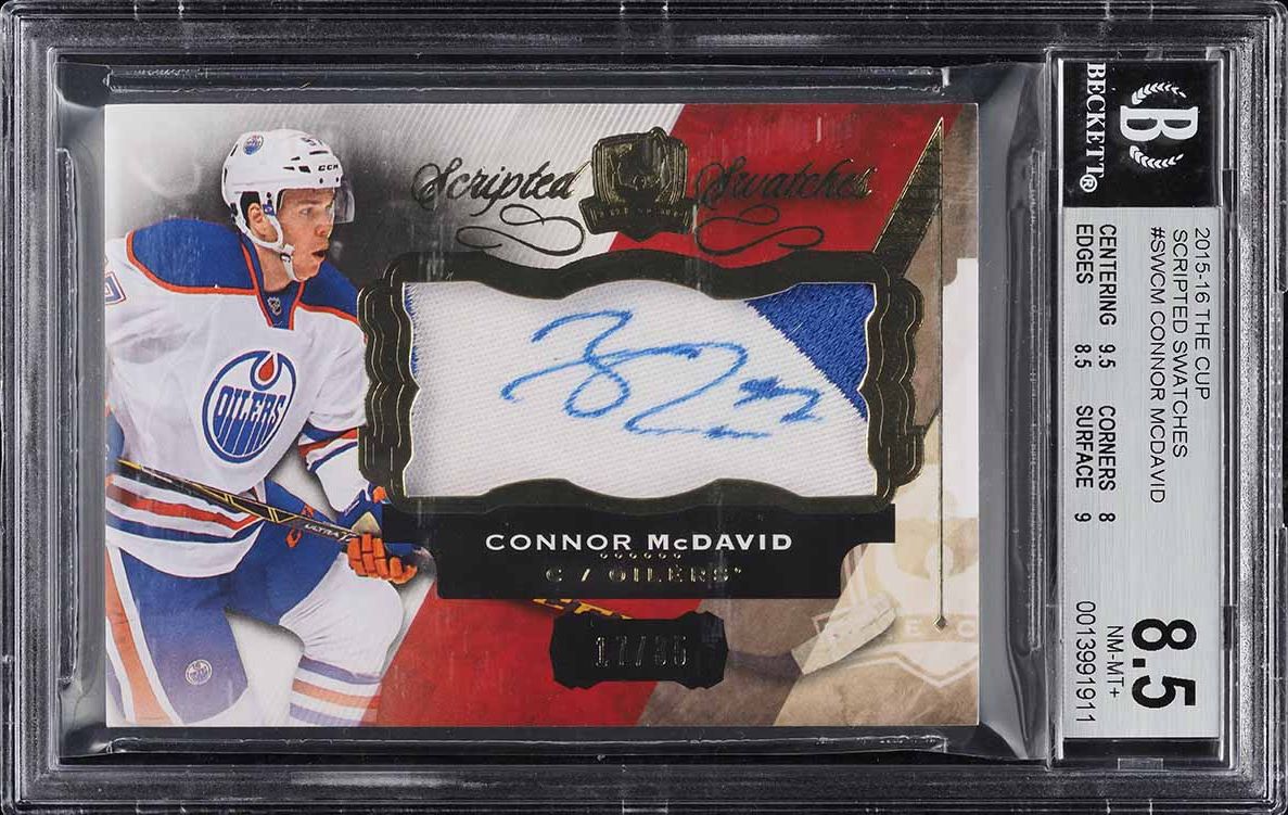 2015 UD The Cup Scripted Swatches Connor McDavid ROOKIE PATCH AUTO /35 BGS 8.5