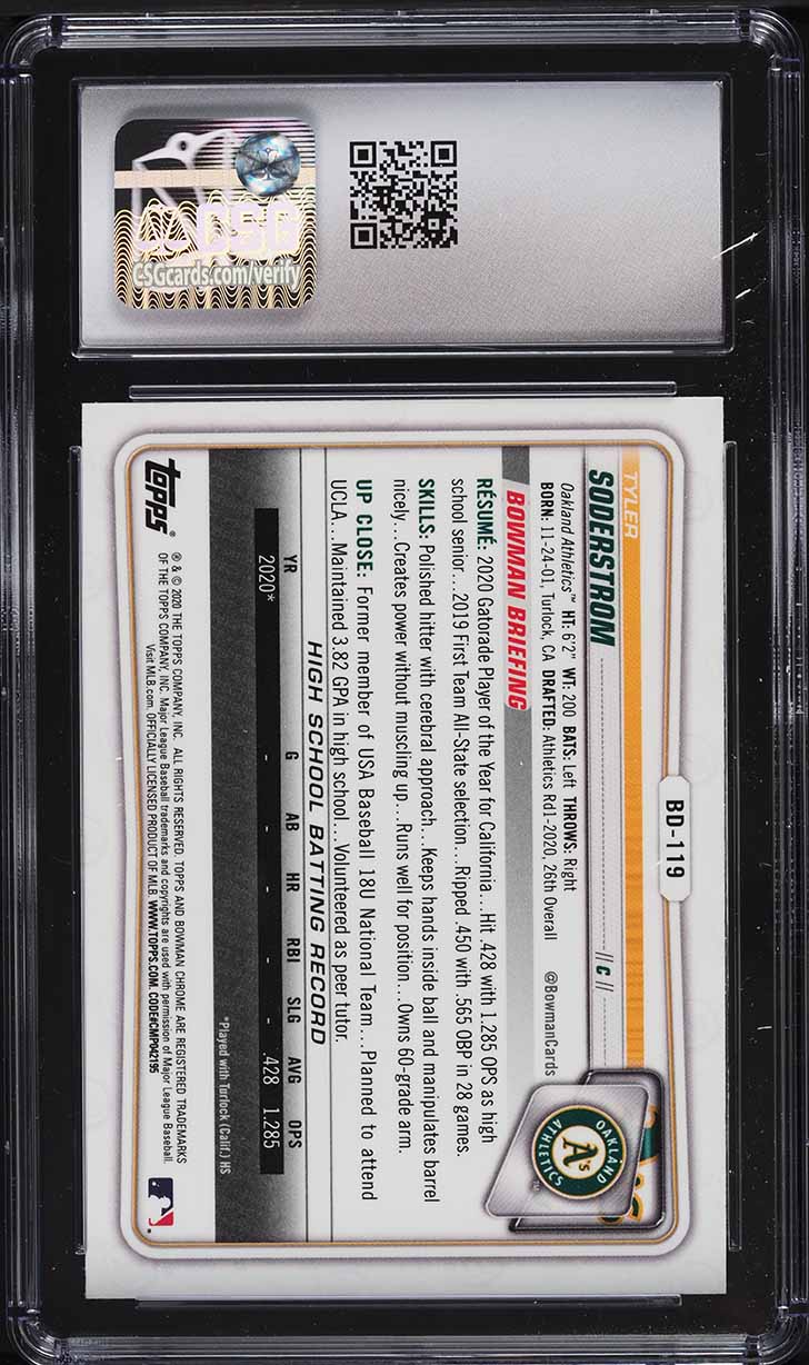 2020 Bowman Chrome Draft Tyler Soderstrom ROOKIE #BD119 CSG 10 GEM MINT
