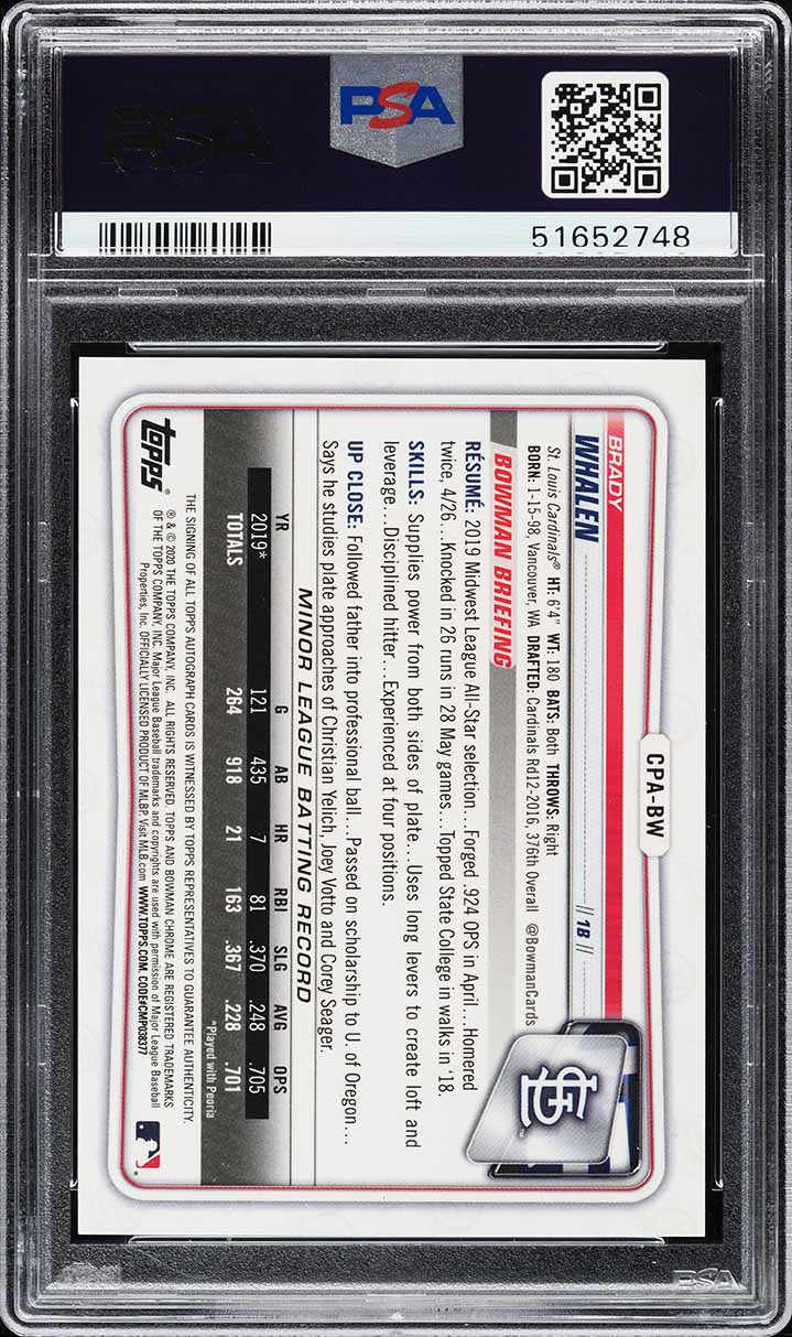 2020 Bowman Chrome Prospect Brady Whalen ROOKIE AUTO #CPABW PSA 5 EX