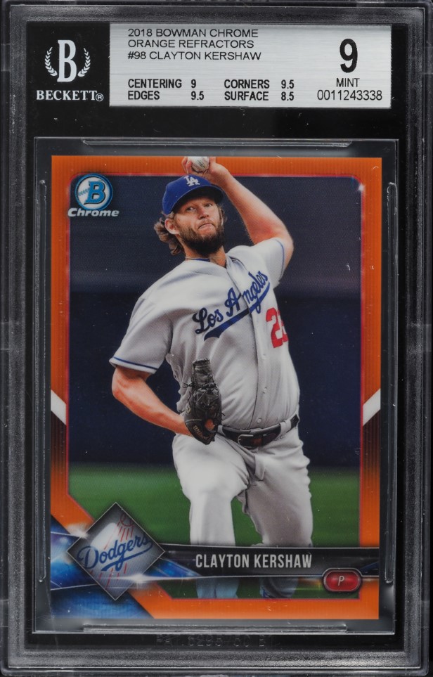 2018 Bowman Chrome Orange Refractor Clayton Kershaw /25 #98 BGS 9 MINT