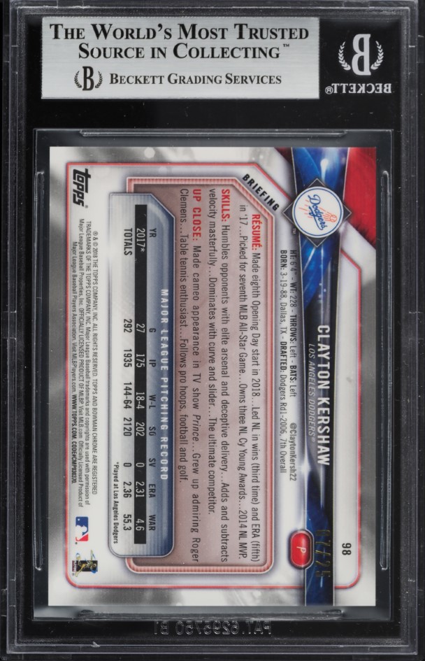 2018 Bowman Chrome Orange Refractor Clayton Kershaw /25 #98 BGS 9 MINT