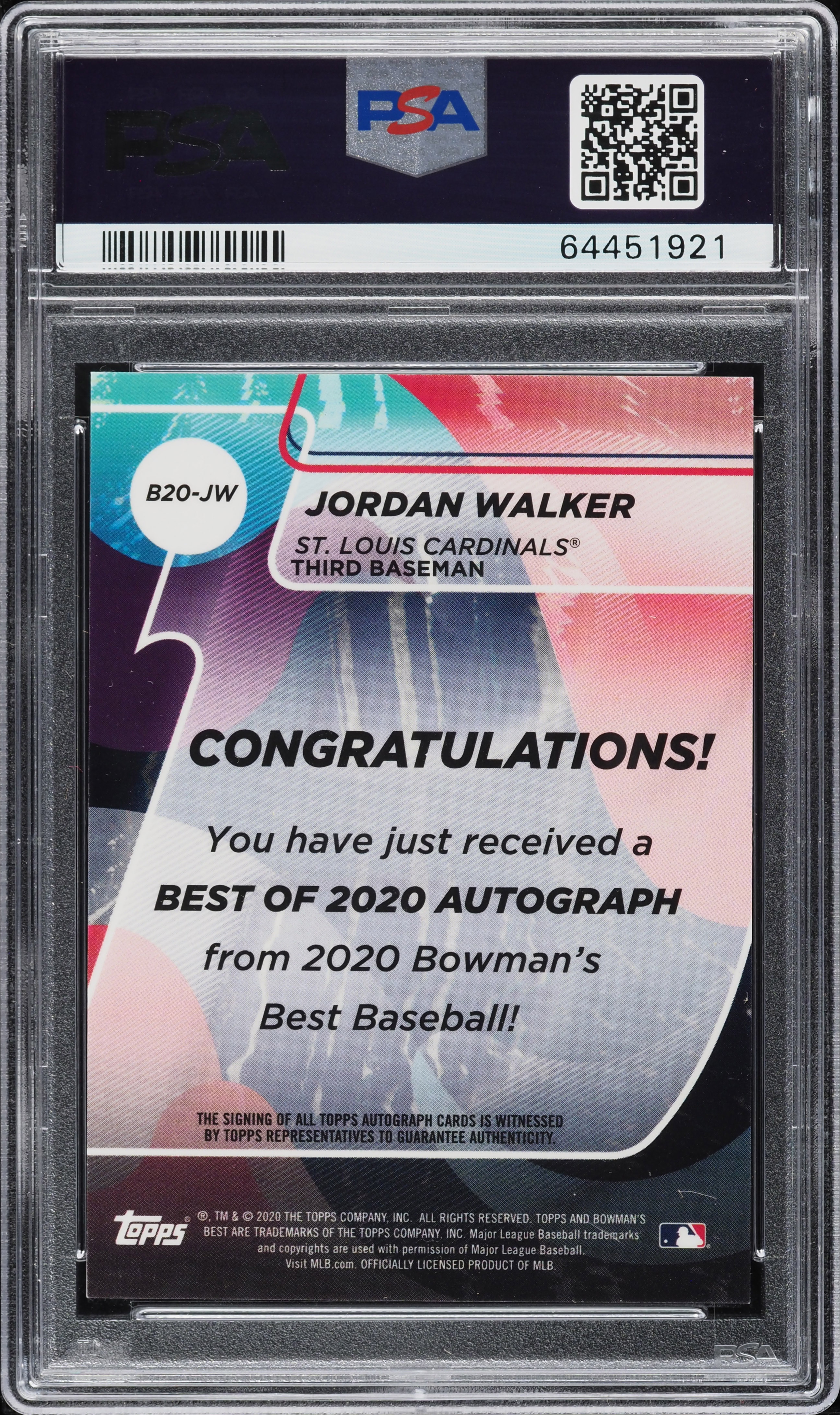 2020 Bowman's Best Of '20 Jordan Walker ROOKIE AUTO #B20-JW PSA 10