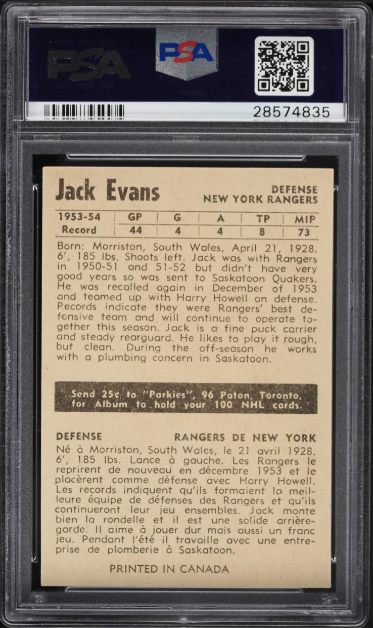 1954 Parkhurst Jack Evans #72 PSA 7 NRMT