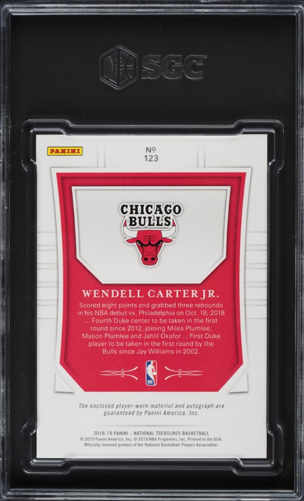 2018 National Treasures Wendell Carter Jr. ROOKIE PATCH AUTO /99 #123 SGC 10