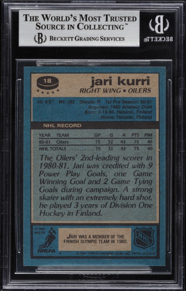 1981 Topps Hockey Jari Kurri ROOKIE #18 BGS 9 MINT