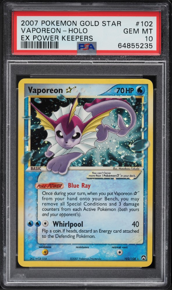 2007 Pokemon EX Power Keepers Holo Vaporeon Gold Star #102 PSA 10 GEM MINT