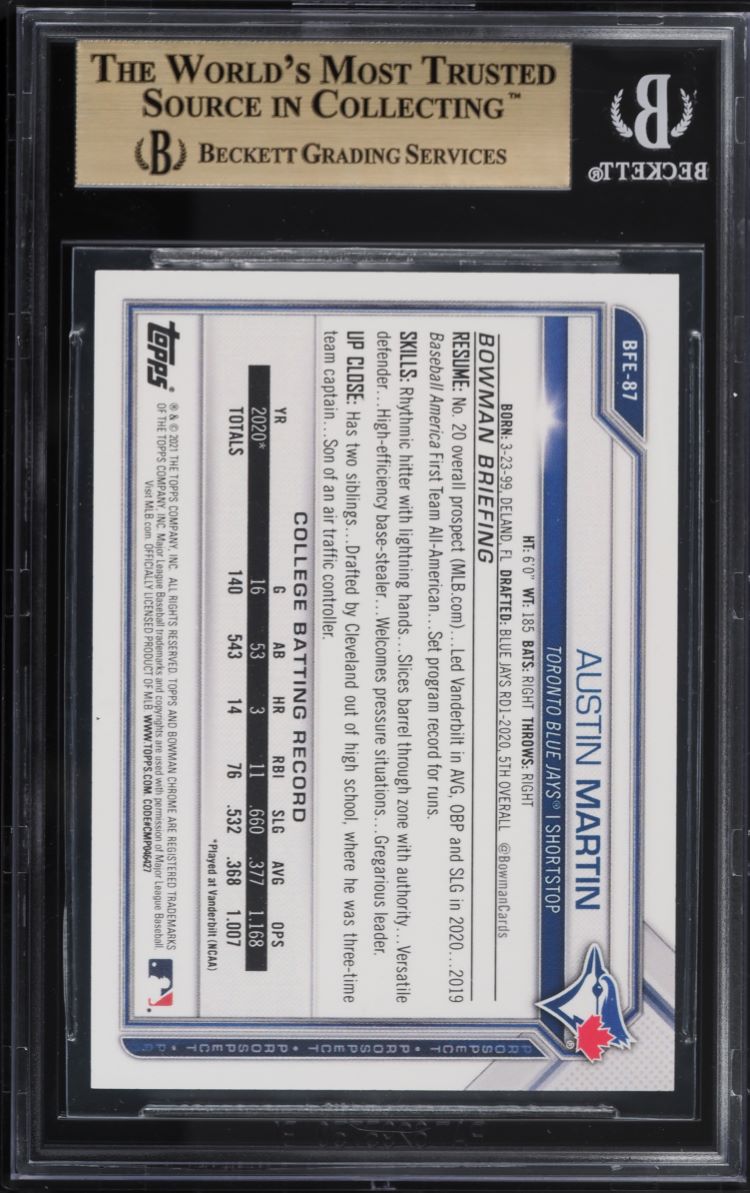 2021 Bowman 1st Edition Austin Martin ROOKIE #BFE87 BGS 9.5 GEM MINT