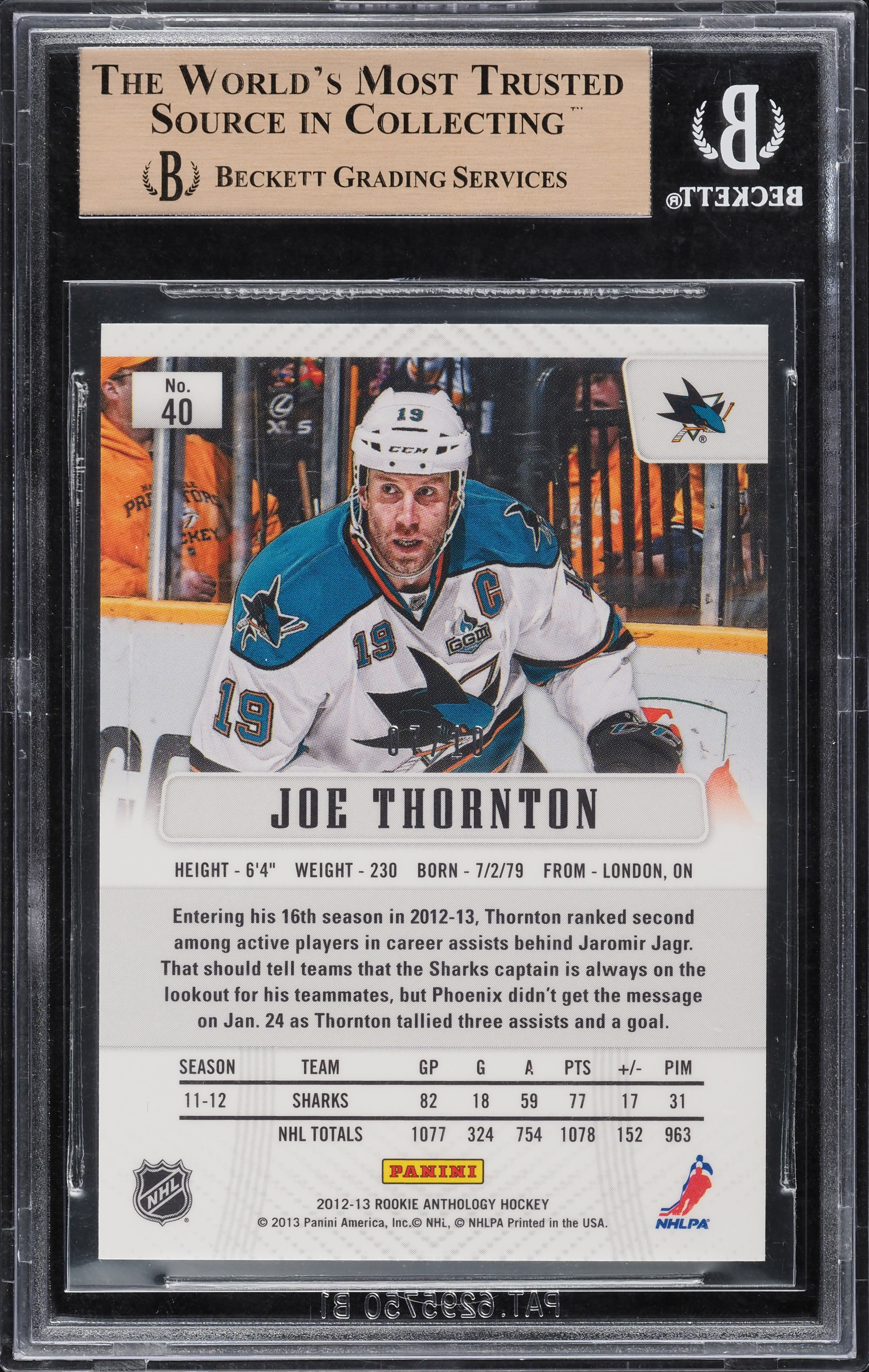 2012 Panini Prizm Cracked Ice Limited Edition Joe Thornton /10 BGS