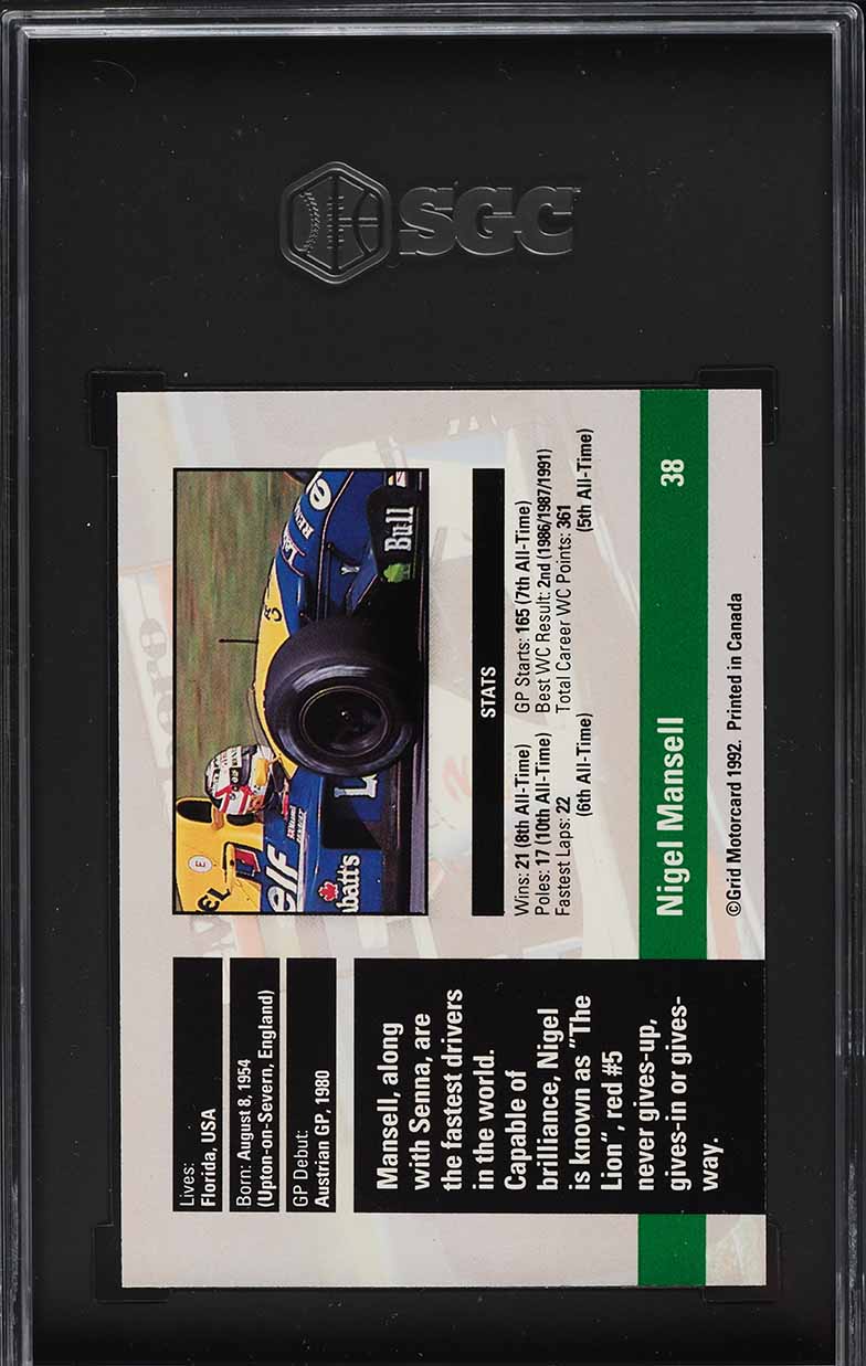 1992 Grid Motorcard Formula 1 Nigel Mansell #38 SGC 9.5 MINT+