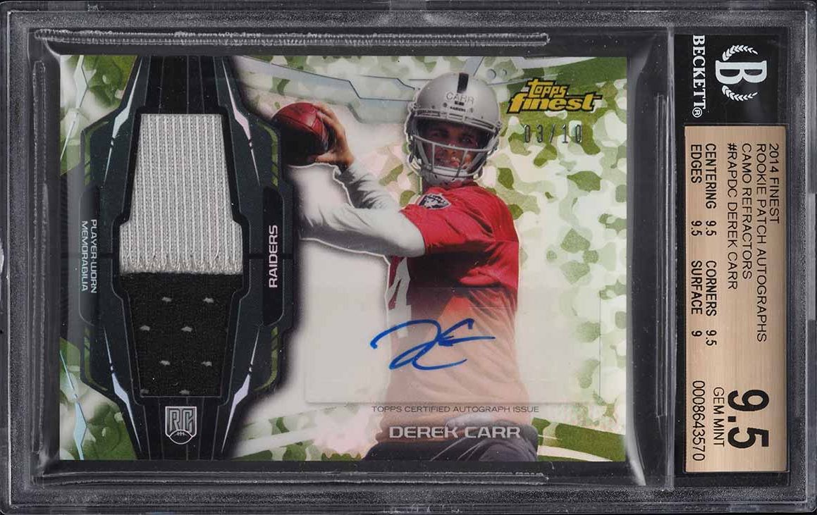 2014 Finest Camo Refractor Derek Carr ROOKIE PATCH AUTO /10 #RAP-DC BGS 9.5 GEM